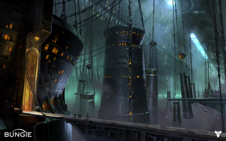 A stunning HD wallpaper from the video game Destiny, featuring a mysterious, industrial landscape with towering structures and atmospheric lighting, showcasing the game's unique art style.
