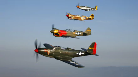HD desktop wallpaper showing North American P-51 Mustang and Curtiss P-40 Warhawk military aircraft flying in formation against a clear blue sky.