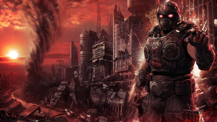 A dynamic HD desktop wallpaper features a gritty crossover between Gears of War and Fallout, showcasing a masked warrior amid a desolate, apocalyptic cityscape.