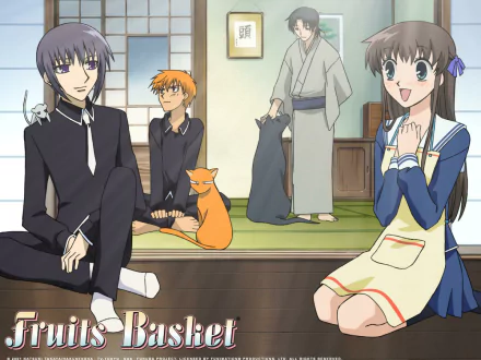 HD Fruits Basket anime wallpaper featuring Shigure Sohma, Kyo Sohma, Yuki Sohma, and Tohru Honda in a traditional Japanese room setting.