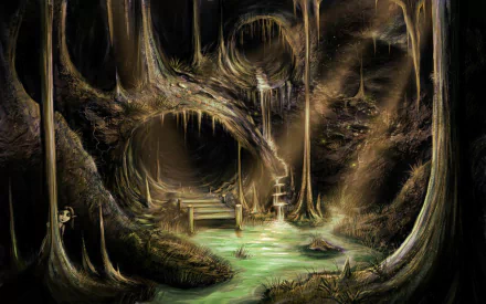 HD fantasy PC desktop wallpaper depicting a mystical cave with glowing green water, jagged stalactites, and an ancient, eerie atmosphere.