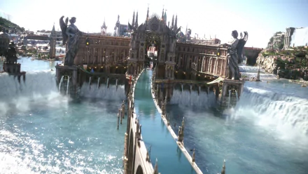 A stunning HD desktop wallpaper featuring a picturesque scene from Final Fantasy XV, showcasing a grand bridge leading to a majestic, water-themed structure with towering statues.