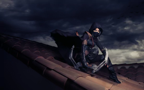 A woman in a mask and cloak sits on a rooftop, wielding a bow, inspired by the Thief video game. The dark, moody background enhances the stealthy atmosphere of the cosplay.