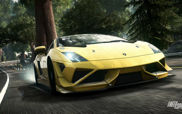 A high-definition PC desktop wallpaper featuring an iconic yellow Lamborghini speeding along a winding road surrounded by trees, inspired by the video game Need For Speed: Rivals.
