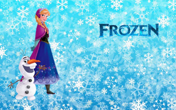 HD desktop wallpaper featuring Anna and Olaf from Disney's Frozen movie on a snowflake-adorned blue background with the title Frozen.