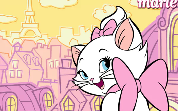HD PC desktop wallpaper featuring Marie, the white kitten from the movie The Aristocats, set against a pastel Paris cityscape background.