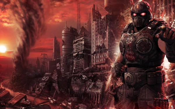 A dynamic HD desktop wallpaper features a gritty crossover between Gears of War and Fallout, showcasing a masked warrior amid a desolate, apocalyptic cityscape.