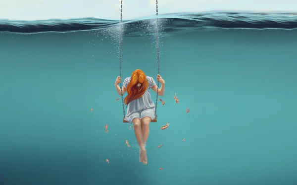 A woman swings below the water's surface, surrounded by floating leaves. This artistic image makes for a captivating HD desktop wallpaper and background.