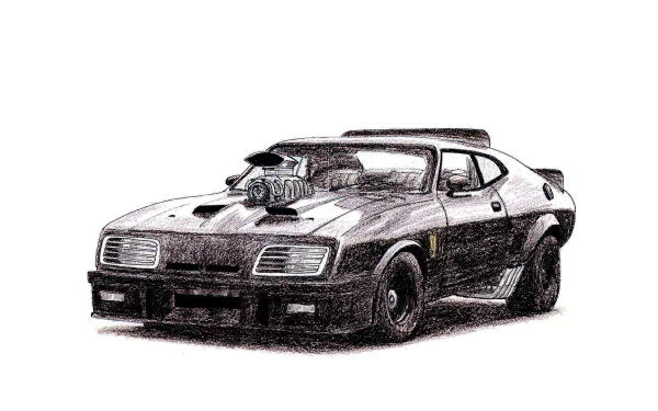 HD PC desktop wallpaper featuring the iconic Mad Max Interceptor vehicle with a detailed, stylized illustration on a white background.