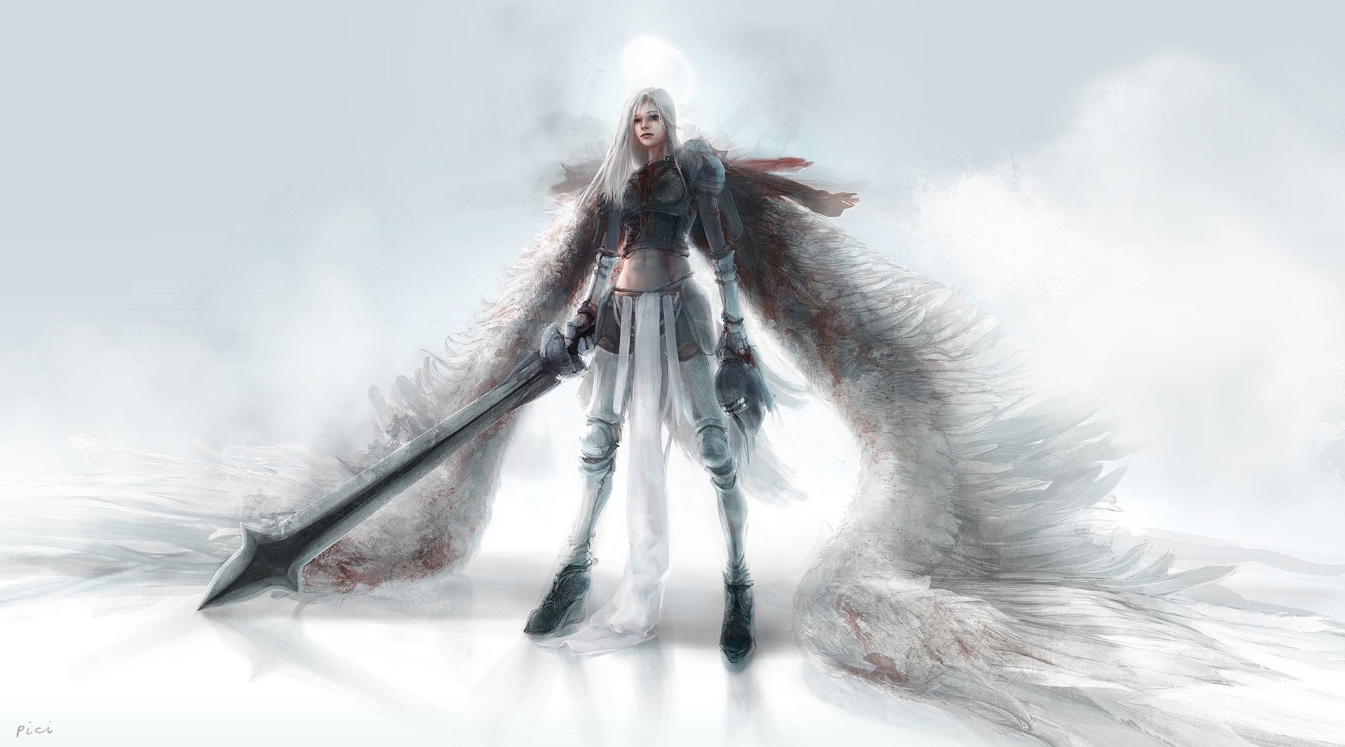 A striking HD wallpaper featuring Kayle from League of Legends, showcasing her angelic form with wings and a spear, set against a misty background.