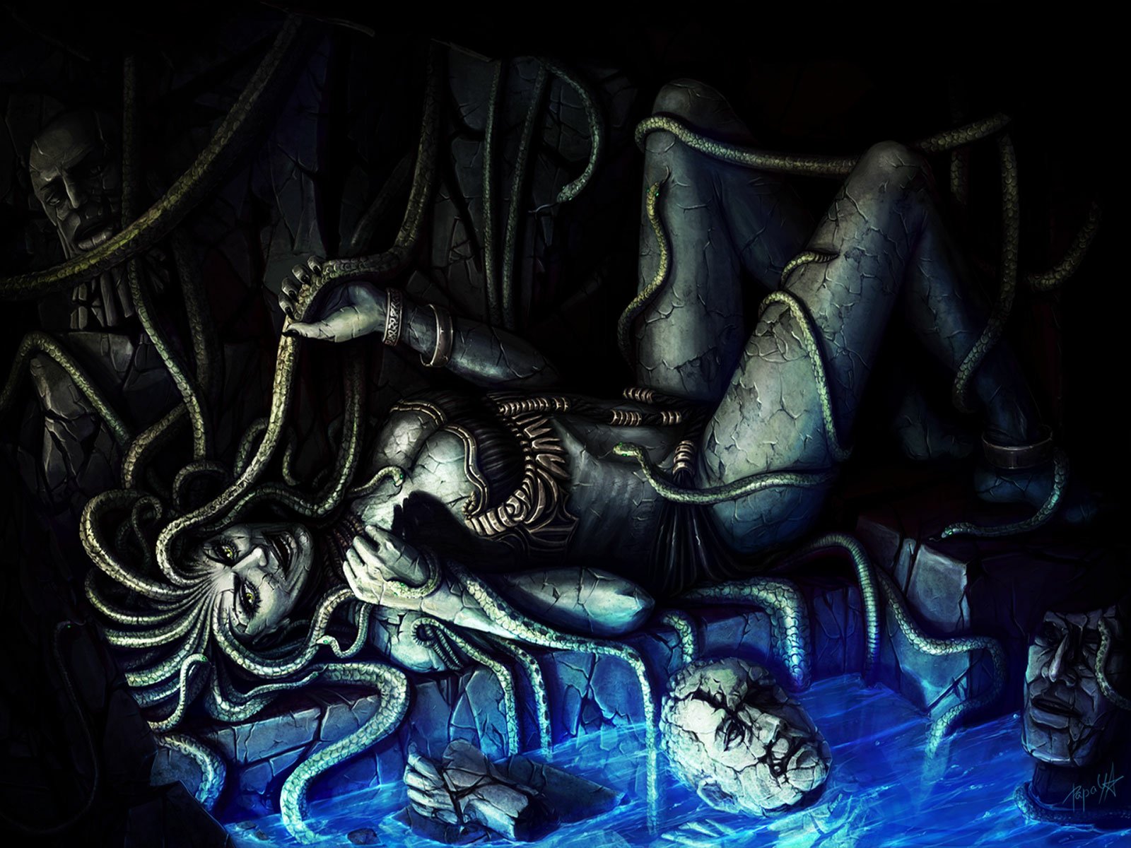 HD fantasy PC desktop wallpaper depicting a dark, intricate Medusa figure with snake-like hair and a stone-like texture in a mysterious, shadowy environment.