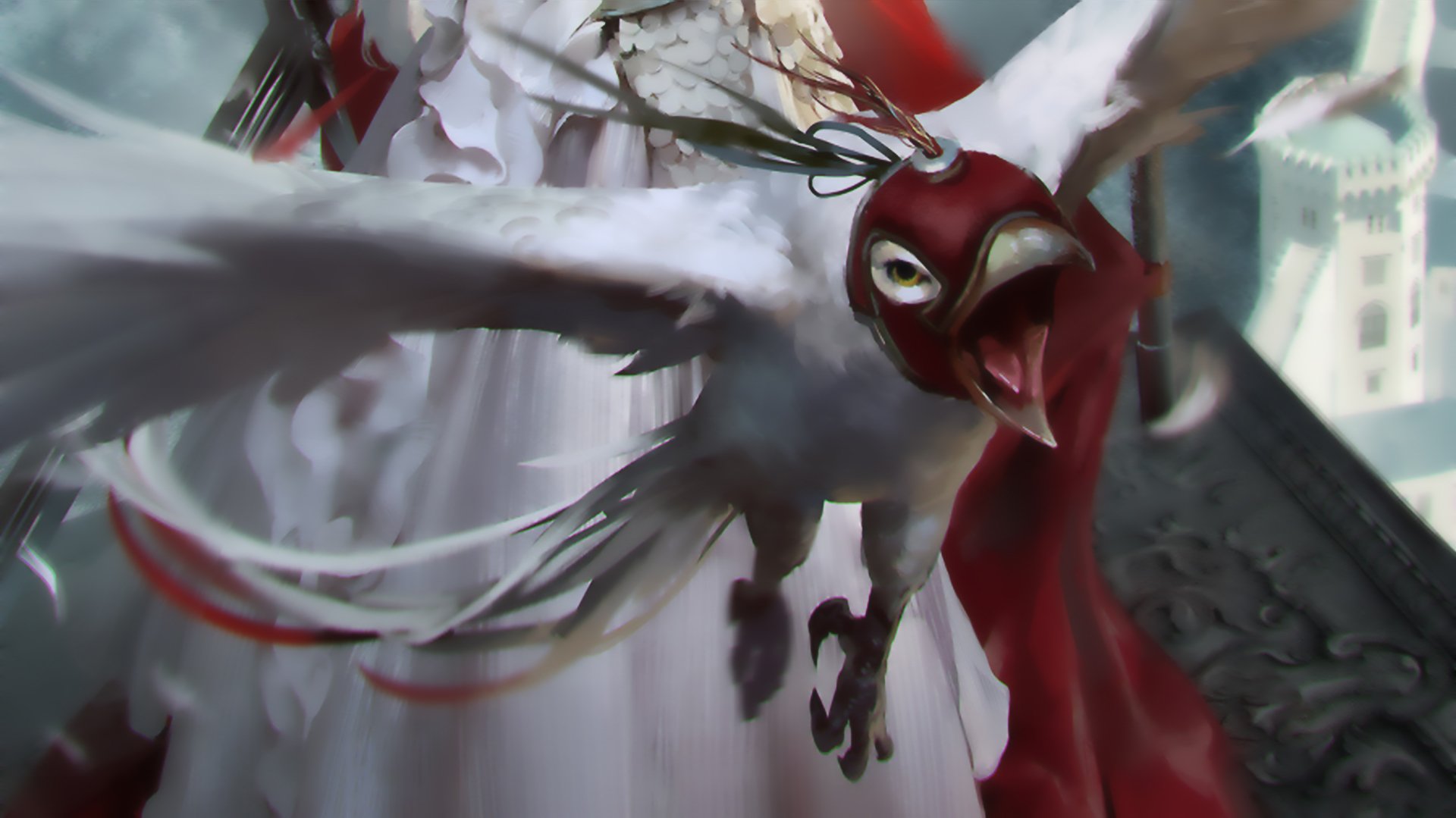 HD desktop wallpaper depicting a fierce, red-masked bird from the video game Legend Of The Cryptids in dynamic flight.
