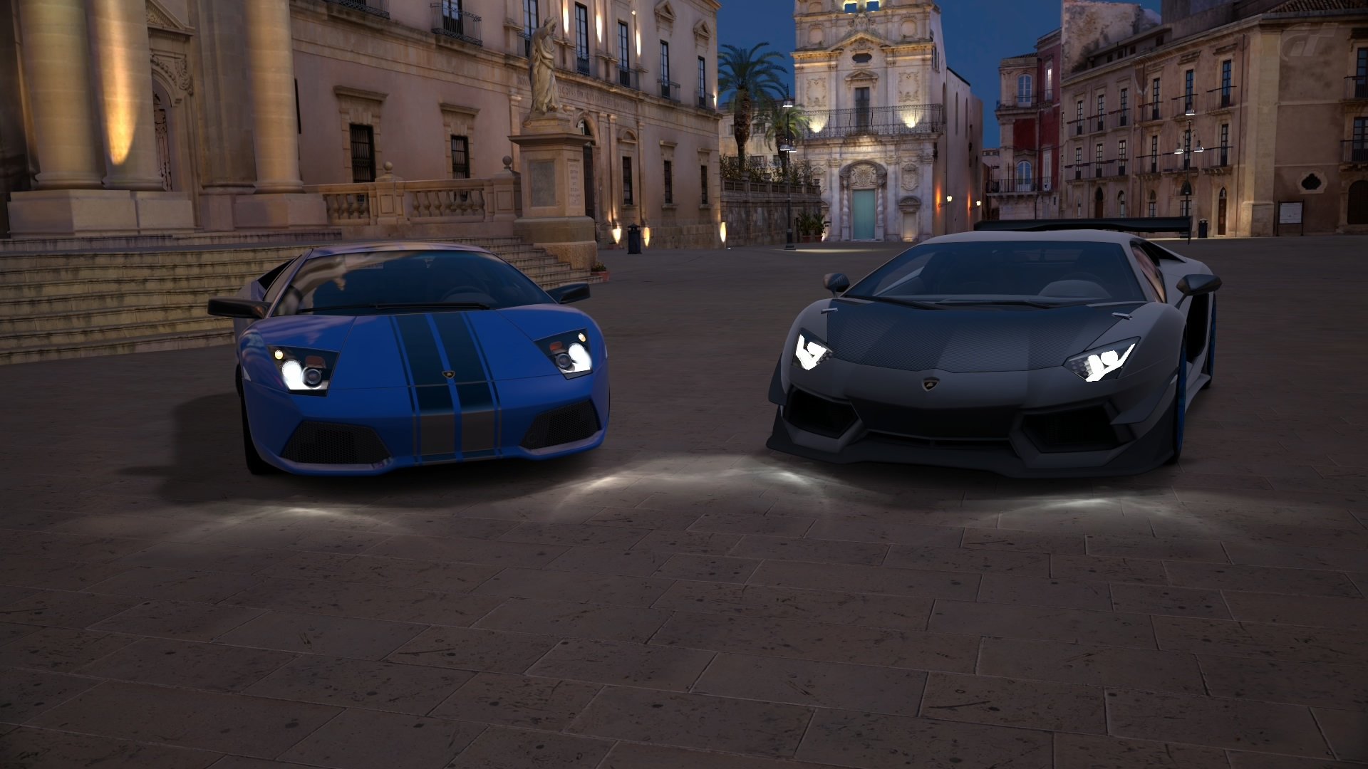 HD PC desktop wallpaper featuring two sports cars at night in a historic plaza from the video game Gran Turismo 6.