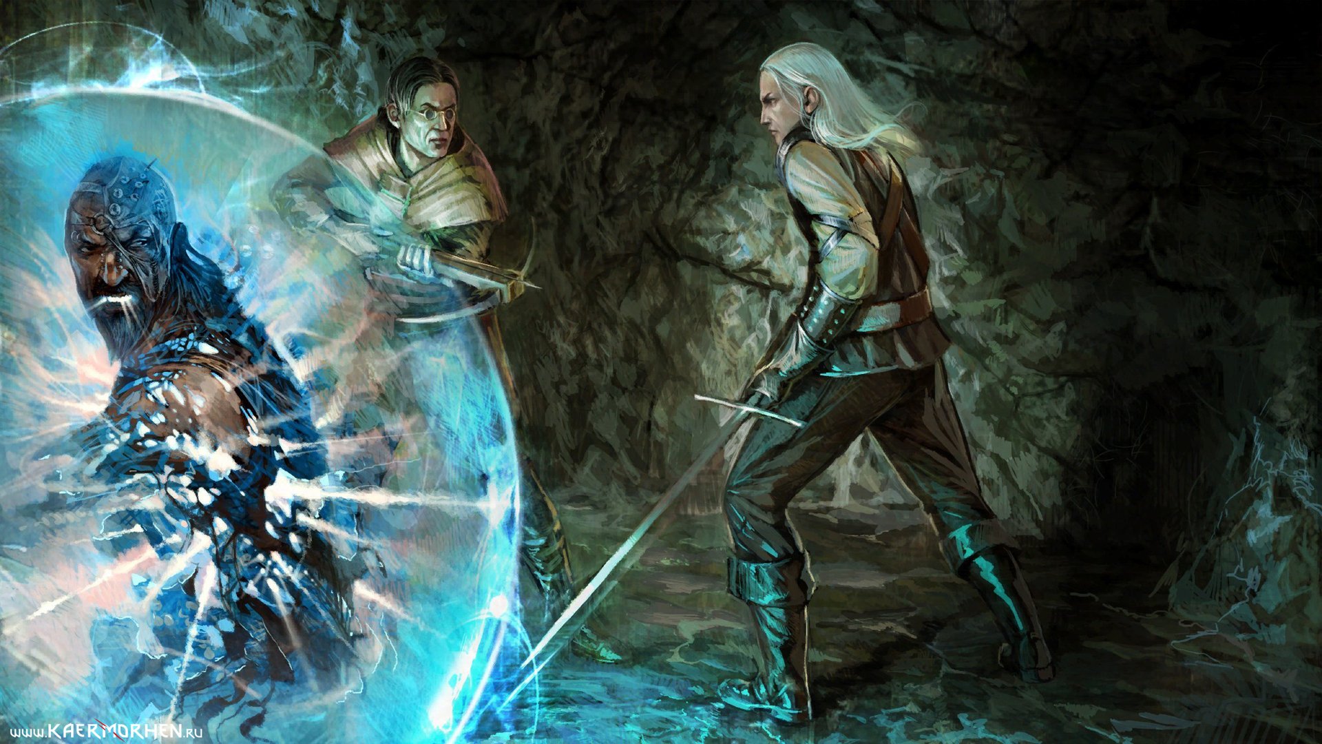 The Witcher video game HD PC desktop wallpaper showing Geralt of Rivia with sword facing magic-wielding foes in a dark cave as a blue spell shield shatters.
