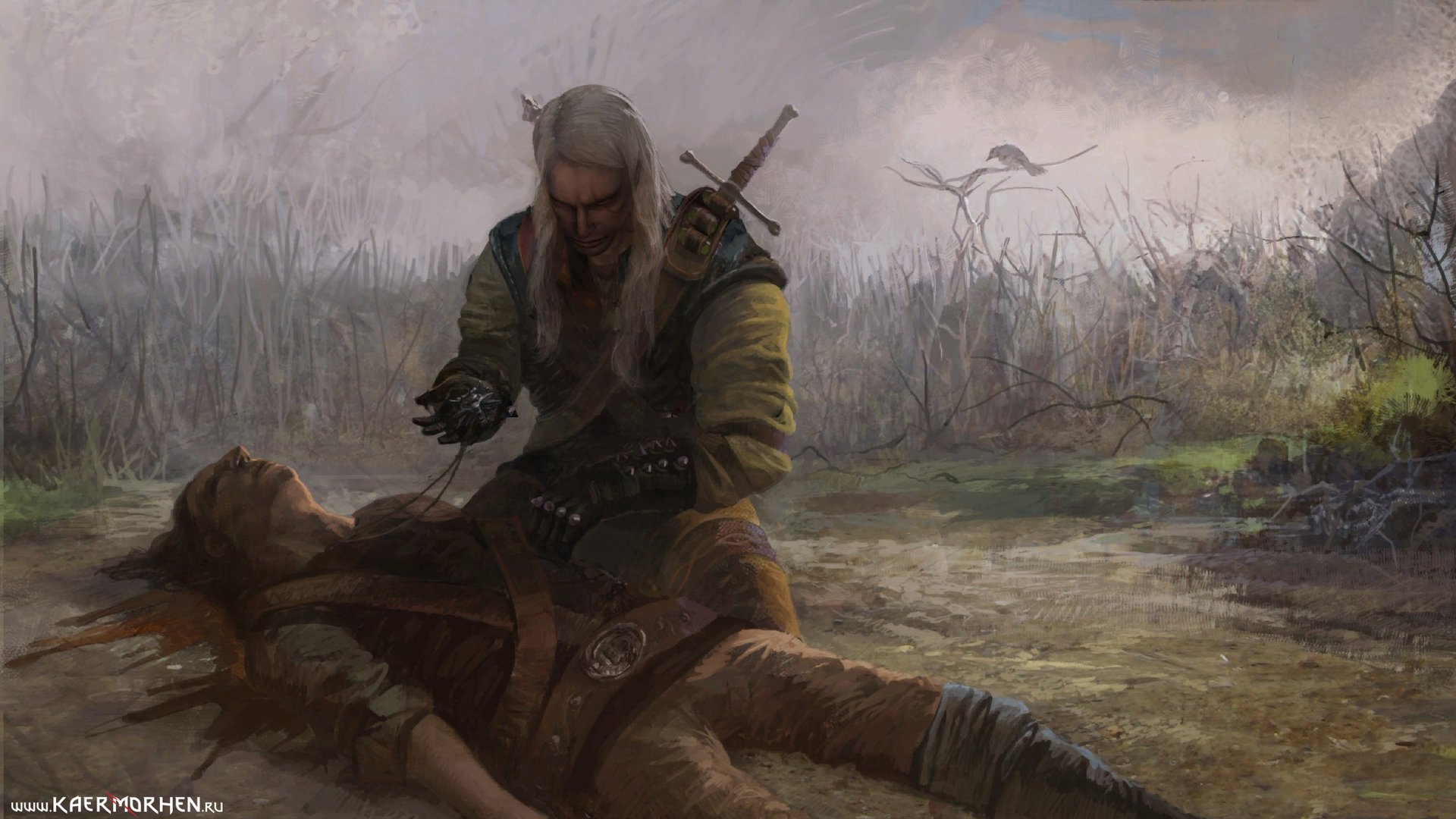 HD PC desktop wallpaper featuring a somber scene from the video game The Witcher with Geralt examining an injured character in a misty, desolate environment.