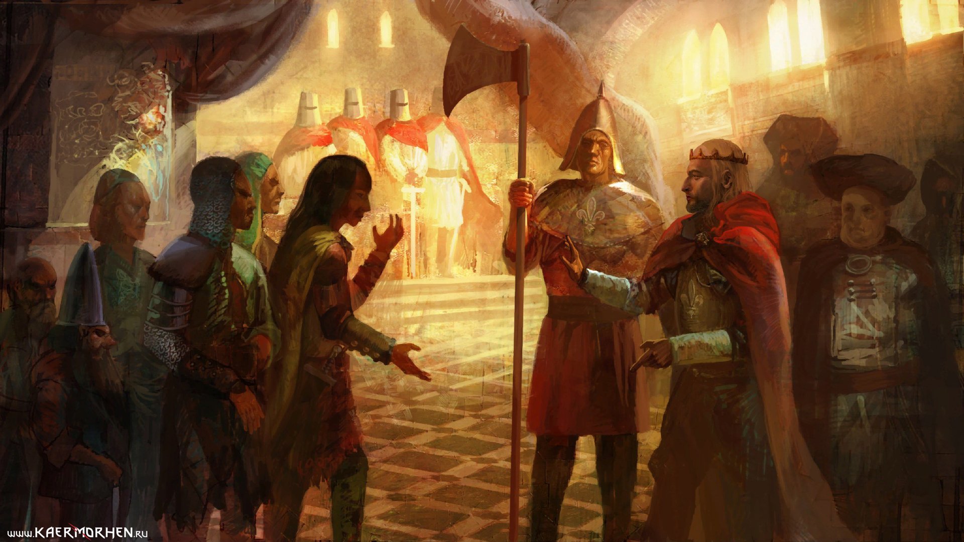 HD PC desktop wallpaper from The Witcher: a sunlit medieval hall with armored guards, robed nobles and a hooded figure before a raised dais.