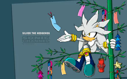 Silver the Hedgehog sits on a bamboo branch, surrounded by colorful decorations, in this HD wallpaper inspired by the video game Sonic the Hedgehog (2006).