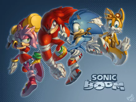 Colorful HD wallpaper featuring Knuckles the Echidna, Amy Rose, Miles 'Tails' Prower, and Sonic the Hedgehog from the TV show Sonic Boom. Dynamic action poses highlight their teamwork.