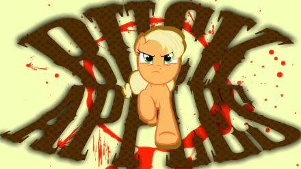 Vector HD PC desktop wallpaper showing Applejack from the TV show My Little Pony: Friendship Is Magic charging forward over oversized BRONY text with red splatters.