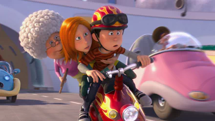 HD PC desktop wallpaper from the movie The Lorax: Ted on a red scooter with Audrey clinging behind and Grammy Norma walking nearby in a colorful street scene.
