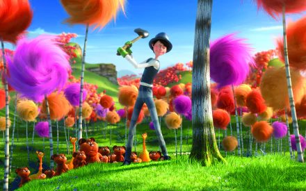 The Once-ler from The Lorax movie raises an axe amid colorful Truffula trees and Bar-ba-loots — 2K Quad HD PC desktop wallpaper.