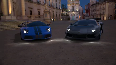 HD PC desktop wallpaper featuring two sports cars at night in a historic plaza from the video game Gran Turismo 6.