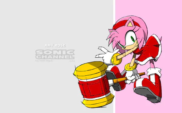 HD PC desktop wallpaper featuring Amy Rose from Sonic the Hedgehog wielding the Piko Piko Hammer, with Sonic Channel text on a split gray and pink background.