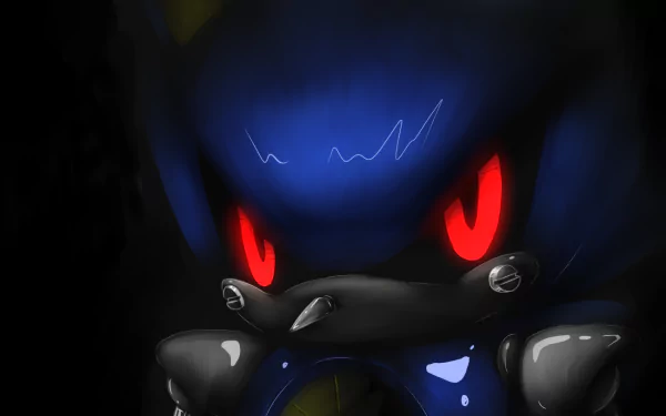 HD PC desktop wallpaper of Metal Sonic from the Sonic the Hedgehog video game series, featuring a close-up of his face with glowing red eyes against a dark background.