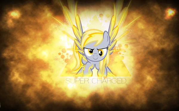 HD vector wallpaper of Derpy Hooves from My Little Pony: Friendship Is Magic, depicted with glowing yellow wings and a confident expression against a fiery background.