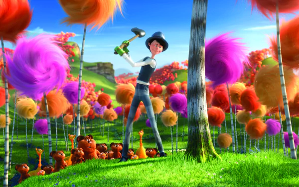 The Once-ler from The Lorax movie raises an axe amid colorful Truffula trees and Bar-ba-loots — 2K Quad HD PC desktop wallpaper.