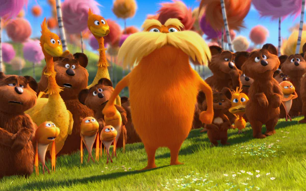 HD PC desktop wallpaper from the movie The Lorax showing the Lorax and various colorful woodland creatures in a vibrant, whimsical forest setting.