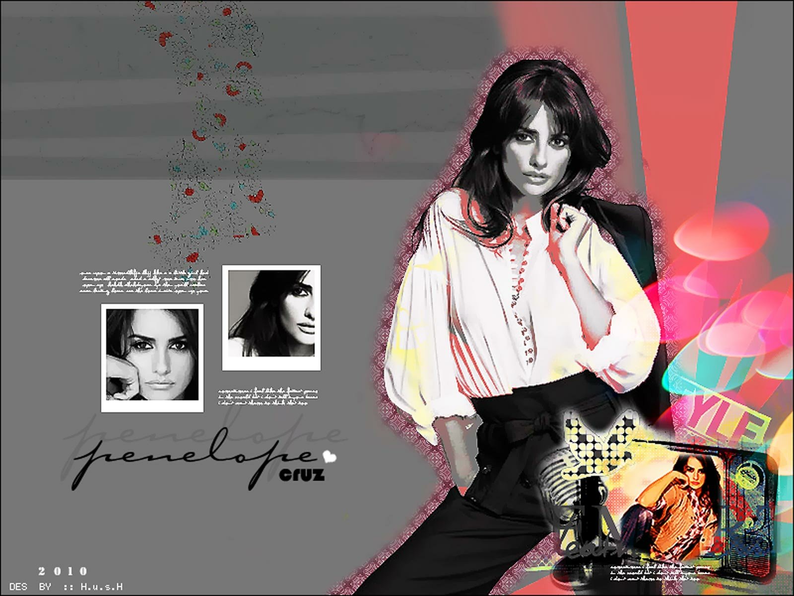 HD PC desktop wallpaper featuring celebrity Penelope Cruz in a stylish, artistic collage with black-and-white portraits and colorful graphic elements.