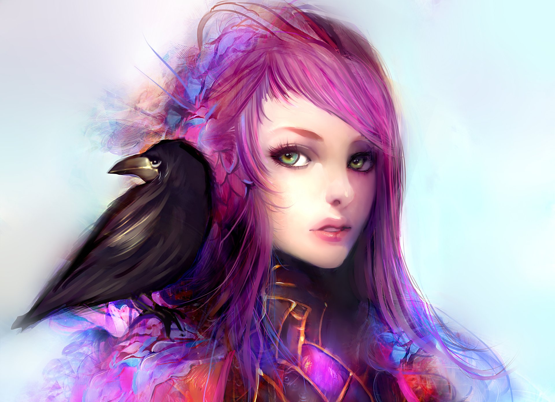 HD wallpaper of a fantasy woman with purple hair and green eyes, accompanied by a raven, set against a soft background.