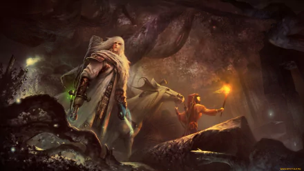 HD fantasy warrior wallpaper depicting a brave warrior and companion with a torch exploring a dark, mysterious cavern filled with shadows and ancient creatures.