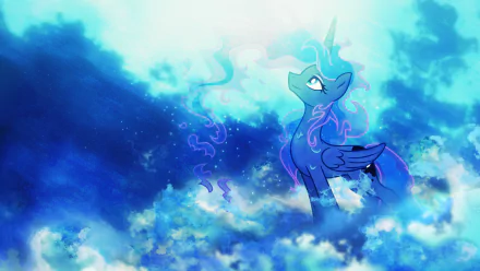 A vibrant HD wallpaper featuring Princess Luna from *My Little Pony: Friendship Is Magic*, depicted against a dreamy blue sky and clouds, capturing her ethereal charm.