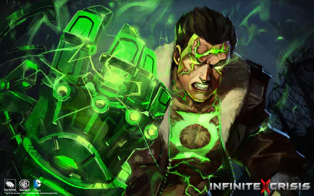 HD PC desktop wallpaper featuring Atomic Green Lantern from the video game Infinite Crisis, showcasing him wielding a glowing green power gauntlet.