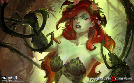 A vibrant HD desktop wallpaper featuring Poison Ivy from the video game Infinite Crisis, showcasing her enchanting presence amidst lush, green foliage.