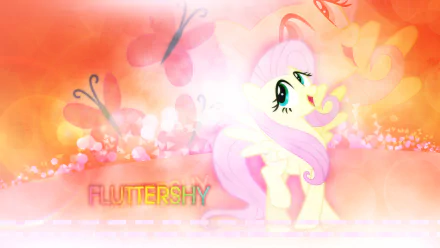 HD desktop wallpaper featuring Fluttershy from My Little Pony: Friendship Is Magic with a soft, colorful background and butterfly accents.