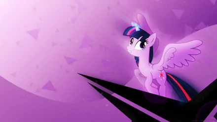 HD desktop wallpaper featuring Twilight Sparkle, a character from the TV show My Little Pony: Friendship Is Magic, set against a vibrant purple background with geometric shapes.