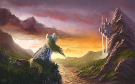 A serene sunset scene in Equestria featuring Derpy Hooves gazing towards the majestic castle of Canterlot, capturing the enchanting world of *My Little Pony: Friendship Is Magic*.