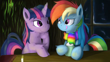 HD desktop wallpaper featuring Rainbow Dash and Twilight Sparkle from My Little Pony: Friendship Is Magic, depicted in a cozy, detailed TV show style scene.