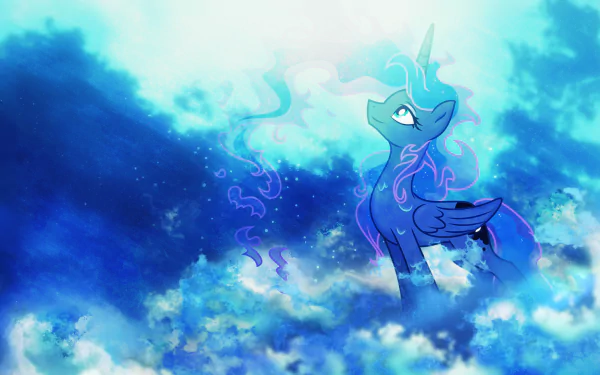 A vibrant HD wallpaper featuring Princess Luna from *My Little Pony: Friendship Is Magic*, depicted against a dreamy blue sky and clouds, capturing her ethereal charm.