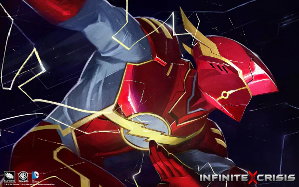 HD PC desktop wallpaper featuring the Flash in dynamic action from the Infinite Crisis video game, showcasing vibrant red and gold armor details.