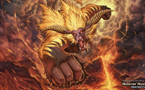 An intense HD wallpaper featuring Rajang, a formidable monster from the Monster Hunter video game series, showcasing its fierce appearance amidst a dramatic, fiery background.