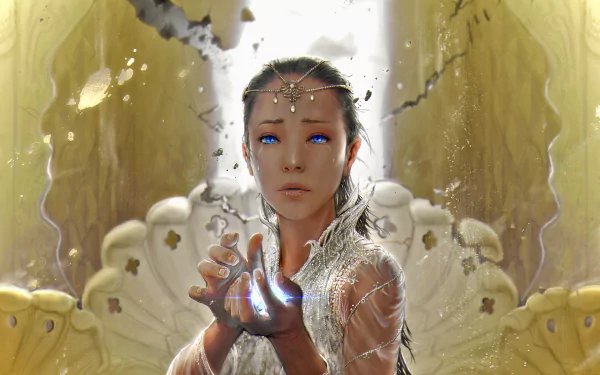 HD desktop wallpaper inspired by The Neverending Story, featuring a mystical young woman holding a glowing orb, surrounded by a whimsical, gold-toned backdrop.