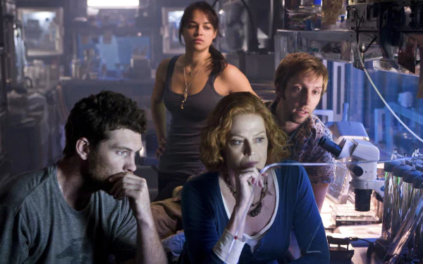 HD PC desktop wallpaper featuring a tense scene from the movie Avatar with four characters immersed in a dimly lit, high-tech laboratory setting.