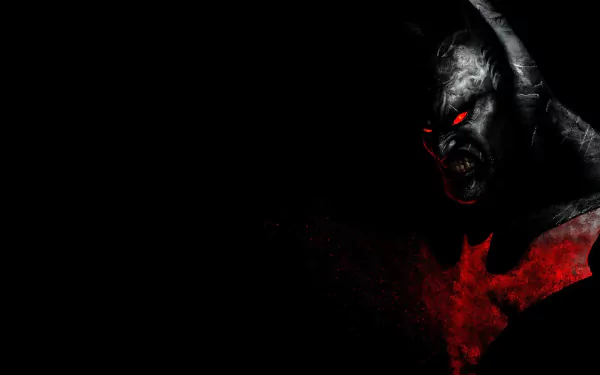 Dark, intense Batman Beyond comic wallpaper featuring a menacing Batman figure with glowing red eyes and a red bat symbol on a black background.