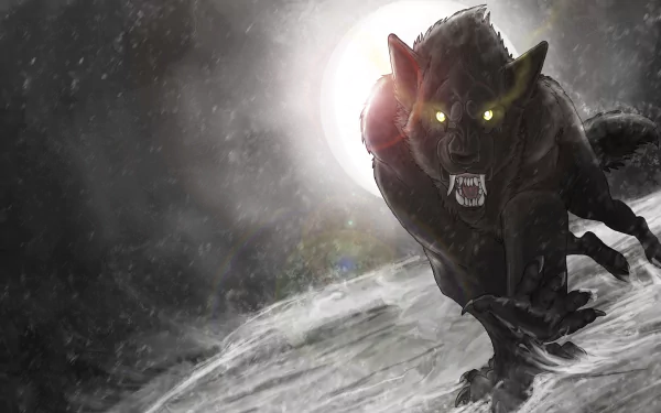 HD PC desktop wallpaper showing a dark, menacing werewolf with glowing eyes against a full moon and stormy sky backdrop.