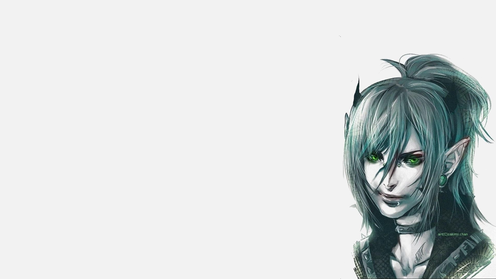 HD fantasy desktop wallpaper featuring a close-up of a green-eyed elf with long hair and pointed ears against a minimalistic white background.