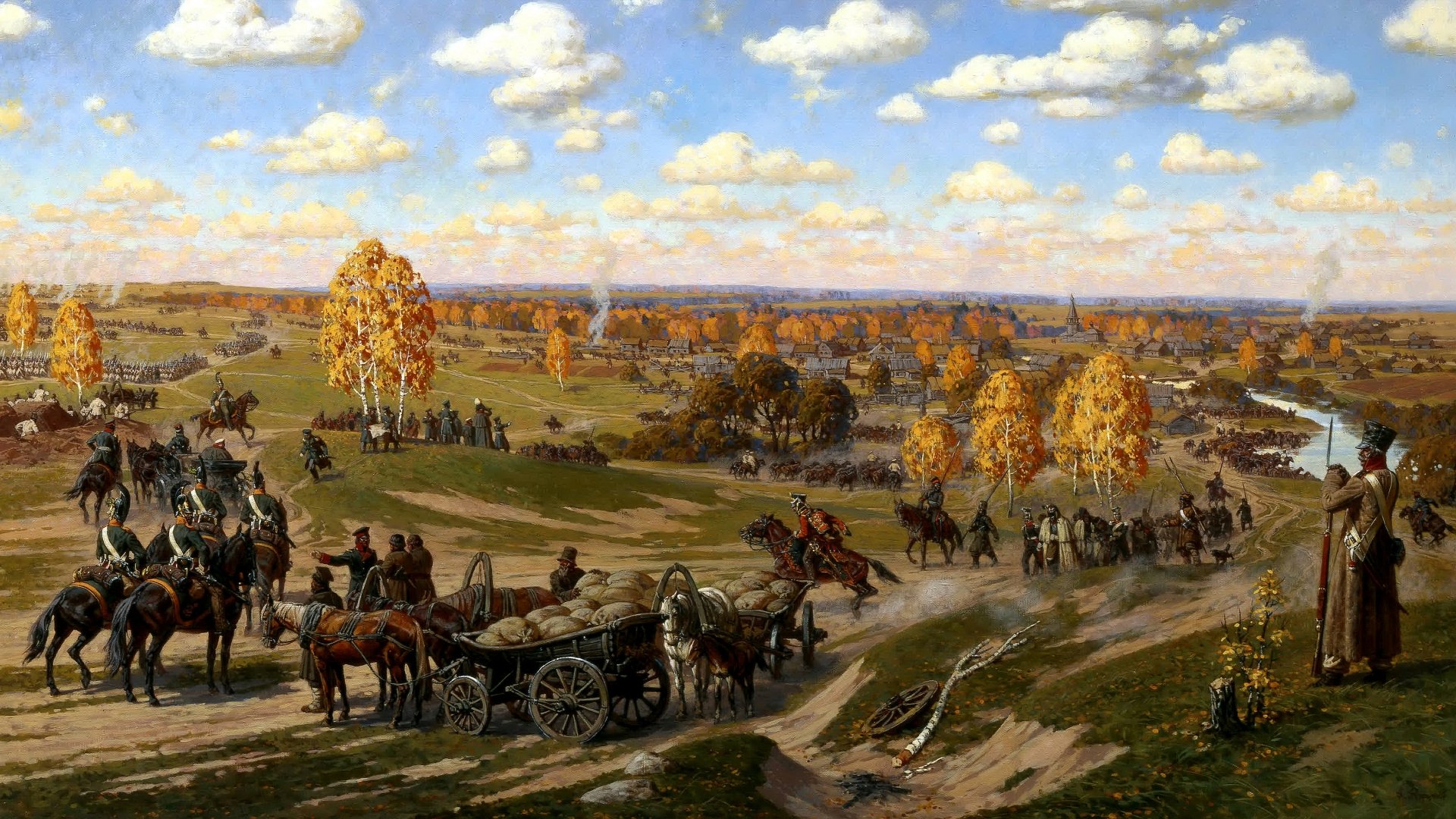 HD desktop wallpaper depicting a historical military scene with soldiers, horse-drawn wagons, and autumn trees under a partly cloudy sky.